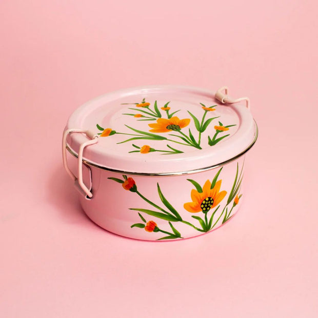 Pink Floral Round Steel Tiffin Container styled