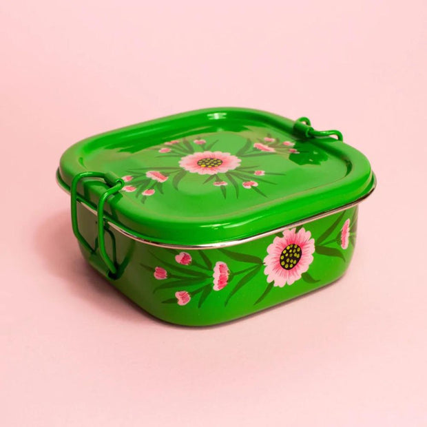 Square Steel Tiffin Container - Green Floral styled