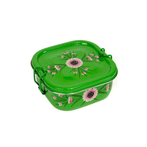 Square Steel Tiffin Container - Green Floral closed web