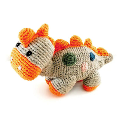 Pebble Child Hand Crocheted Dinosaur Rattle Toy with orange spikes
