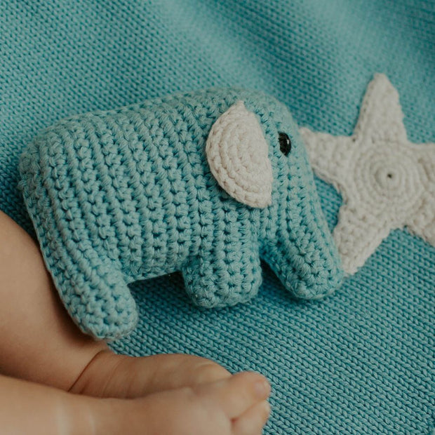 Pebble Plush Baby Elephant Rattle - Blue styled
