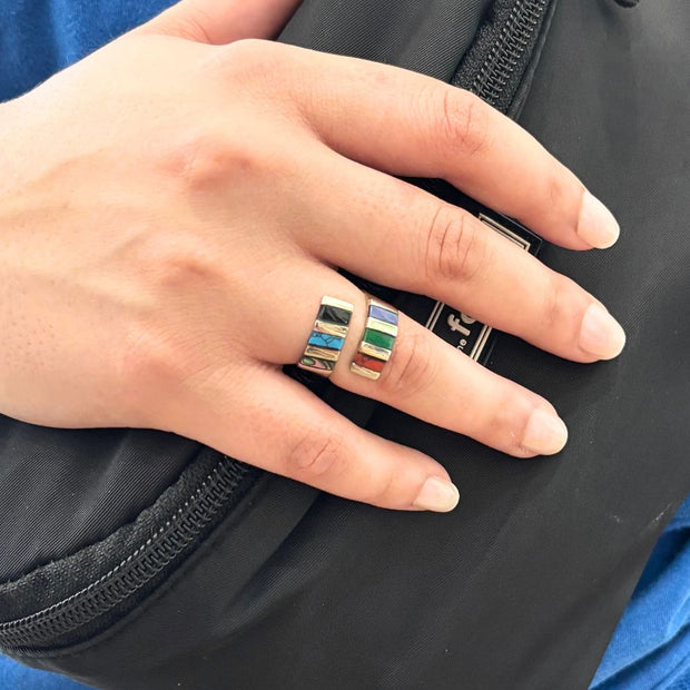Alpaca Silver with Semi-precious Stones Striped Adjustable Ring on model