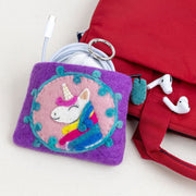Purple Felted Wool Coin Purse or pouch featuring a Unicorn head with ear buds and wires