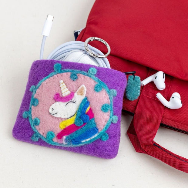 Purple Felted Wool Coin Purse or pouch featuring a Unicorn head with ear buds and wires