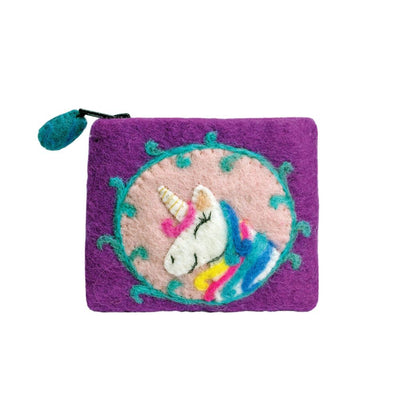 Purple Felted Wool Coin Purse or pouch featuring a Unicorn head