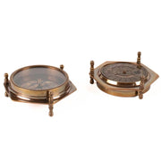 Brass Compass and Calendar Devices side by side showing calendar side up next to compass side up
