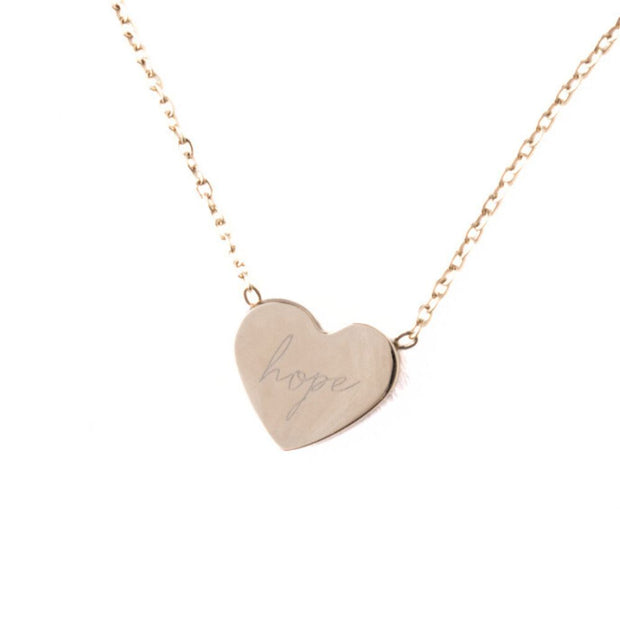 Give Hope Mother of Pearl and 14k gold plated Necklace showing back view of heart pendant with word hope