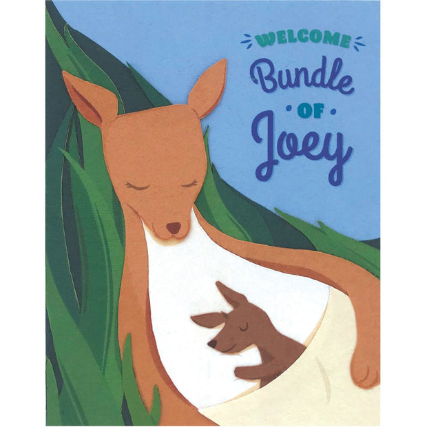 Greeting Card with kangaroo and baby kangaroo illustration and 'Welcome Bundle of Joey' text.