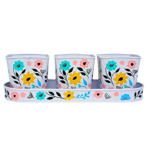 3 piece metal pot planter set In Bloom 3-Piece Metal Pot Planter with Tray – Zee Bee Market LLC