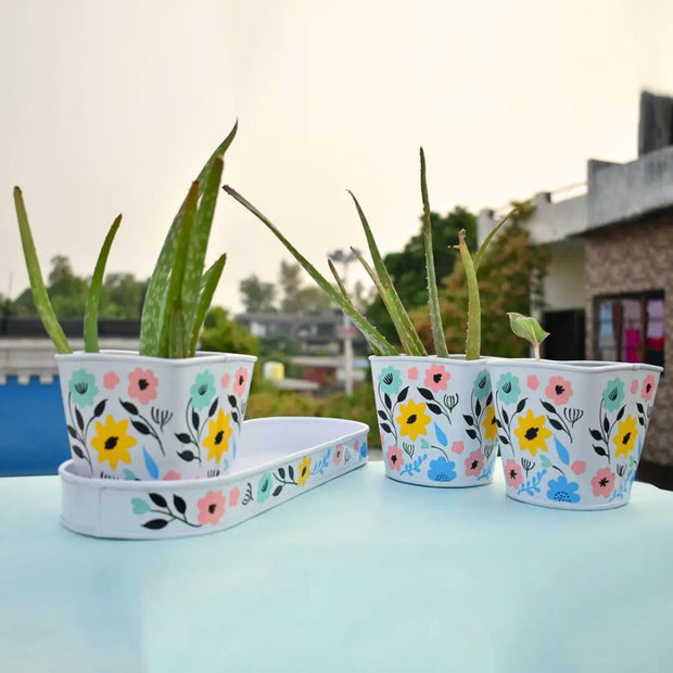 3 pot planter with tray In Bloom 3-Piece Metal Pot Planter with Tray – Zee Bee Market LLC