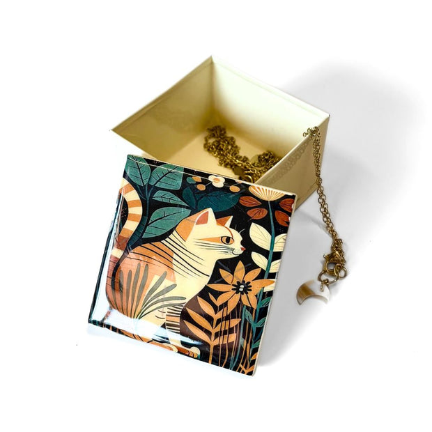 Open Small Painted Cat Tin Jewelry Box with a chain  inside