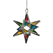 Colorful three dimensional star-shaped hanging ornament handmade of iron and painted glass