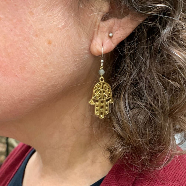 Healing Hamsa Brass and Labradorite Earrings on model