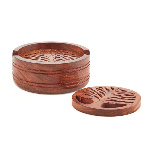 Set of Four Tree of Life Sheesham Wood Coasters showing height