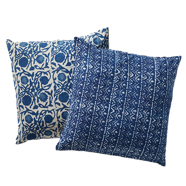 Block-printed Reversible Pillow - Indigo Floral Dabu showing front and back