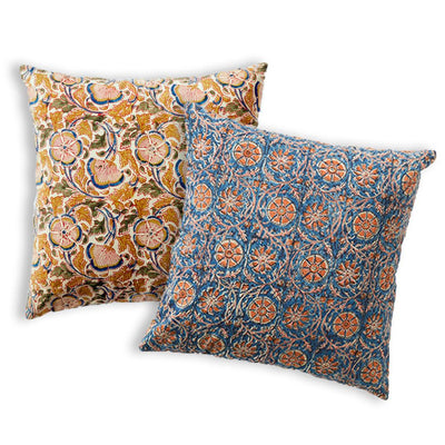 Kalamkari Reversible Pillow showing both Compass and Meadow sides