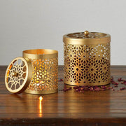 Saja Brass Geometric Cutout Lidded Cannisters styled showing one with open lid