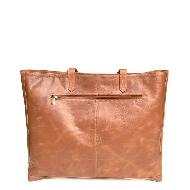 Large Tan Genuine Leather Tote Bag back view
