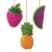 Set of three beaded fruit ornaments including a strawberry, pineapple, and watermelon.