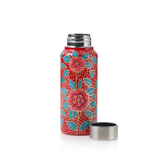 Stainless Steel Hand-painted Apple Blossom Kashmiri Water Bottle with open silver lid