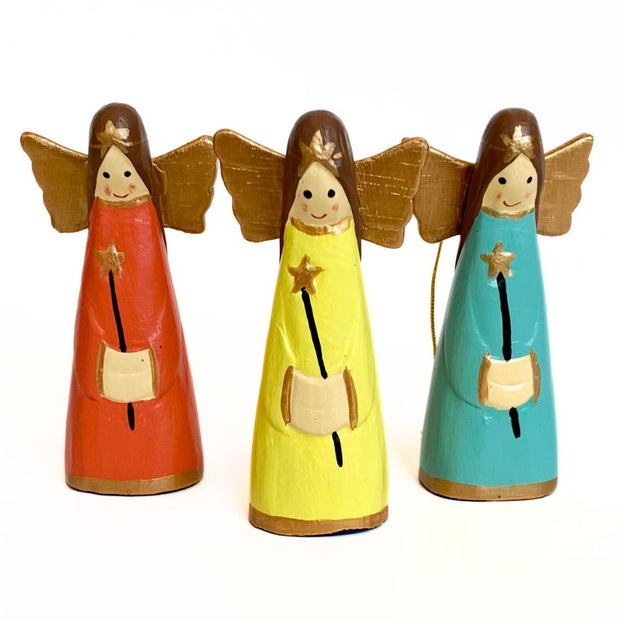 Hand-carved and hand-painted Wood Angel Ornament-group of 3 colors