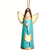 Hand-carved and hand-painted Wood Angel Ornament-light blue