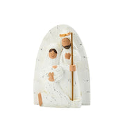 Decorative nativity scene wood carving with Joseph holding a staff next to Virgin Mary holding Baby Jesus