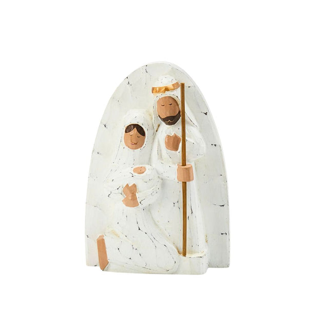 Decorative nativity scene wood carving with Joseph holding a staff next to Virgin Mary holding Baby Jesus