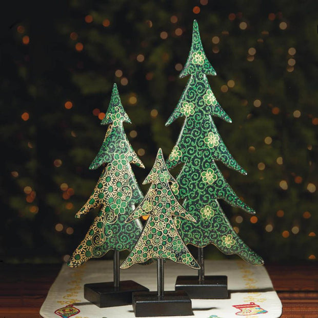 Set of 3 Wooden Batik Christmas Trees on a festive background