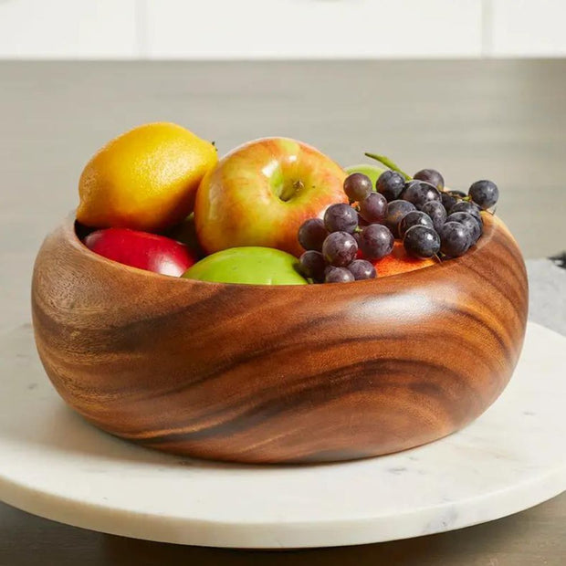 9" Kayu Suar Wood Round Serving Bowl with fresh fruits on table