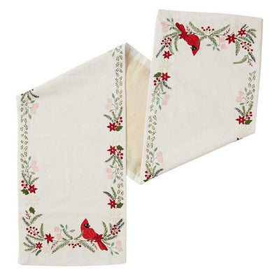 Embroidered Cardinals and Evergreens Table Runner measuring 72 inches long by 14 inches wide