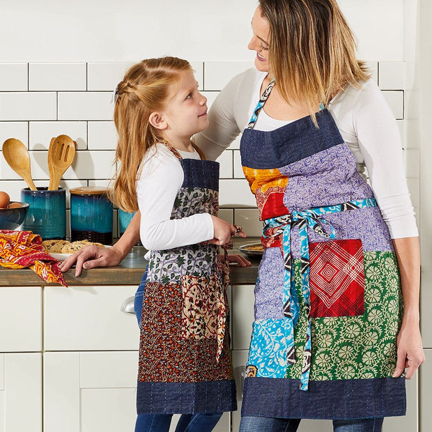 Upcycled Sari and Denim Apron mom and daughter with matching aprons