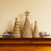 Set of 3 Natural Hogla Grass Christmas Trees displayed on mantel