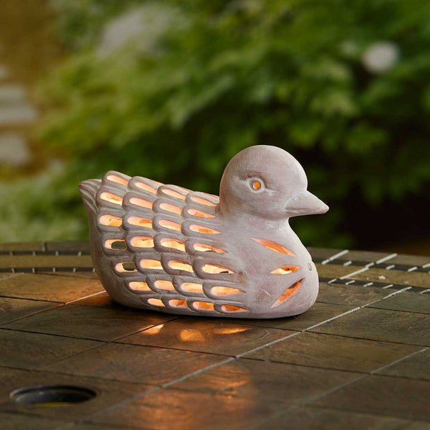 Whitewashed Terracotta Duck Lantern with glowing interior