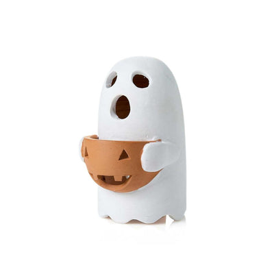 Terracotta Painted Ghost Lantern holding a jack-o-lantern bowl front view
