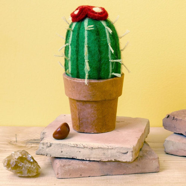 Hand-felted Flowering Small Barrel Cactus in a recycled paper pot styled