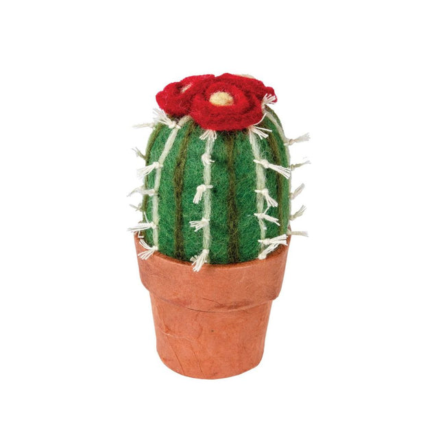 Hand-felted Flowering Small Barrel Cactus in a recycled paper pot