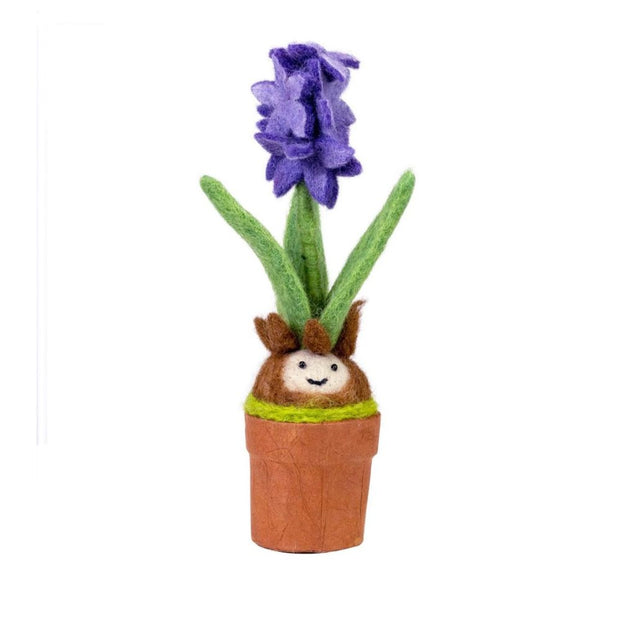 Potted plant decor piece featuring a felt purple hyacinth in bloom