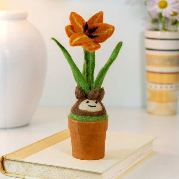 Potted Plant decor piece featuring an Orange Felted Day Lily Blossom lifestyle