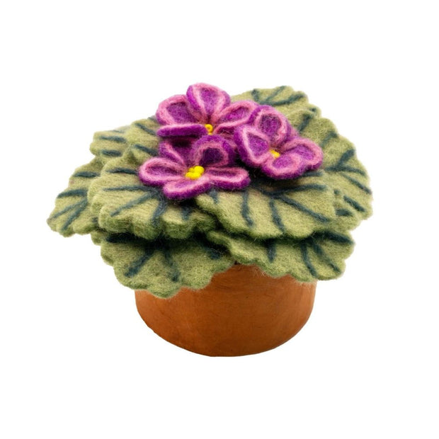 Potted Plant Decor featuring a Felted African Violet in Bloom