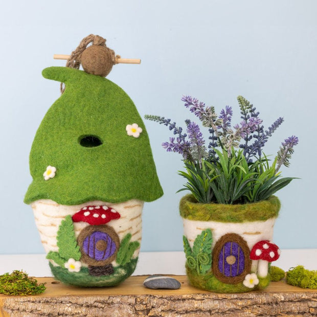 Felted Wool Birdhouse: Woodland Fairy House styled with matching planter pot