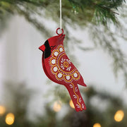 Hand-Painted Recycled Iron Cardinal Ornament with festive background