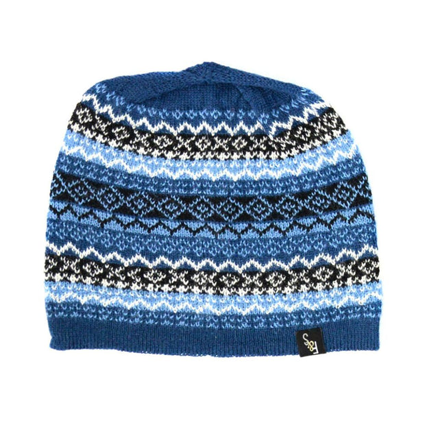 Patterned 100% Baby Alpaca Knitted Beanie Hat in blue hues