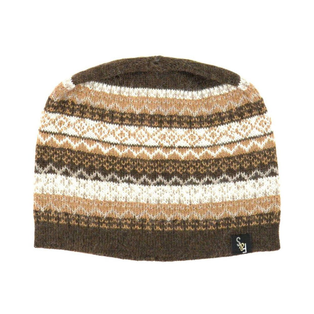 Patterned 100% Baby Alpaca Knitted Beanie Hat in brown