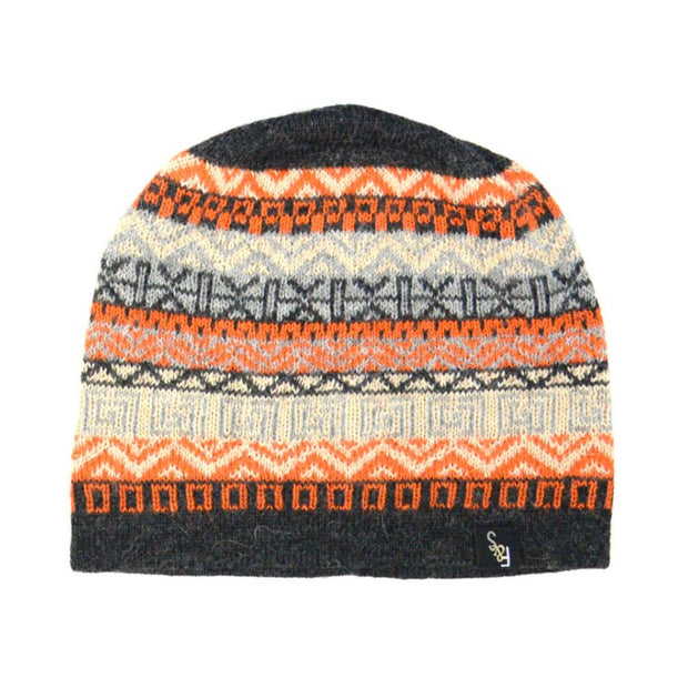 Patterned 100% Baby Alpaca Knitted Beanie Hat in charcoal and orange