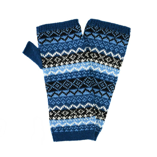 Patterned 100% Baby Alpaca Knit Arm Warmers in blue hues