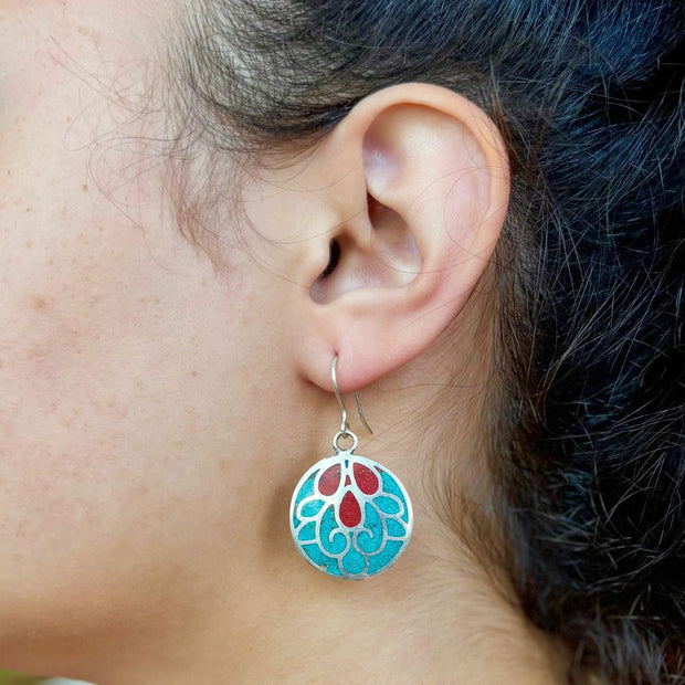 Mayura Teal & Red Dangle Earrings on model
