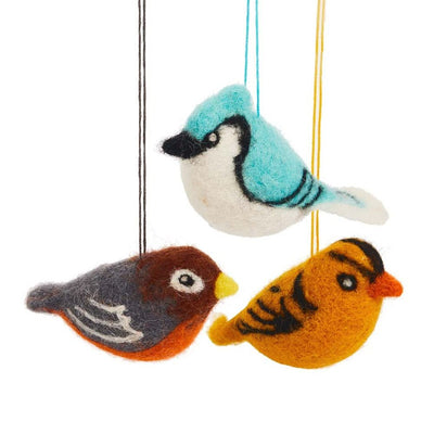 Set of 3 felt bird ornaments featuring a Blue Jay, a Goldfinch and a Robin