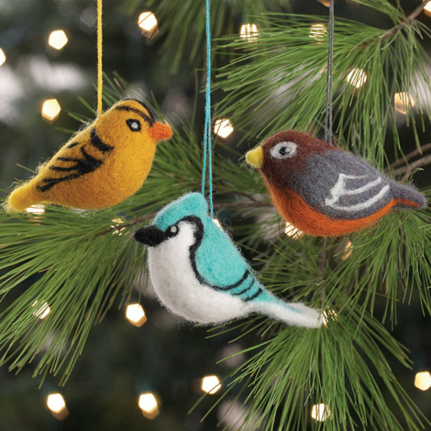 Set of 3 felt bird ornaments featuring a Blue Jay, a Goldfinch and a Robin lifestyle