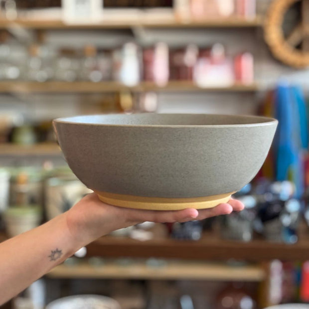 Stone Gray Dhabba Stoneware Ceramic Mixing Bowl held by model